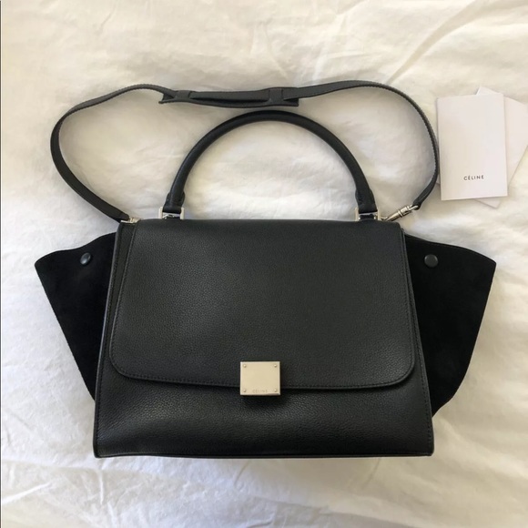 Celine Handbags - Celine Black Leather Top Handle Shoulder Bag with Suede Wings